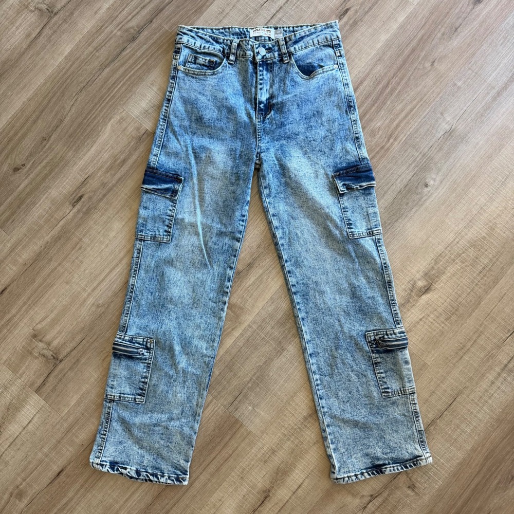 Celebrity Ace Acid Wash Cargo Jeans Womens 11/30 Blue High Rise Straight Leg Y2K